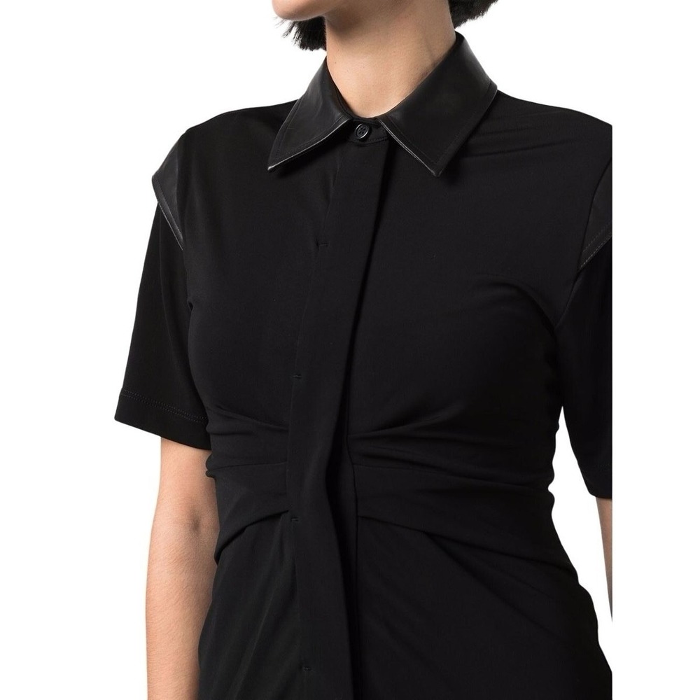 Helmut Lang Womens Medium Lamb Leather Collard Trim Cady Flattering Dress Black - Picture 2 of 16